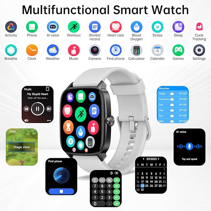 Smart Watches for Women Men with Bluetooth Call & AI Voice, 1.85" HD Fitness Tracker with Heart Rate SpO2 Sleep Monitor, 100+ Sports Modes,Mini Games, IP68 Waterproof Smartwatch for Android iOS Phones