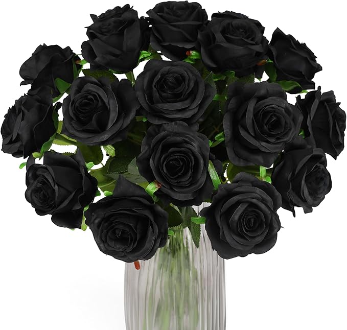 Black Fake Roses Artificial Flowers - 10 Pcs Fake Artificial Roses Silk Flowers with Stems for Home Wedding Hotel Office Centerpiece Decor
