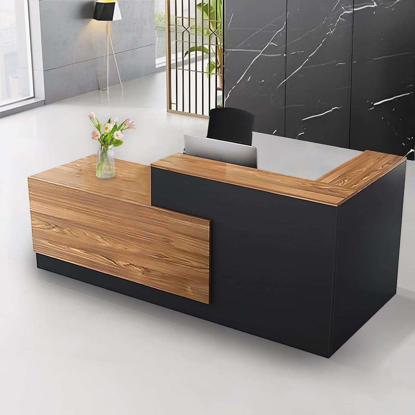 Modern Reception Desk with Counter and Drawer Office Front Desk with Cabinet Wooden Commercial Reception Table Checkout Counter for Retail Salon Lobby Black and Wood Left 63inch/160cm