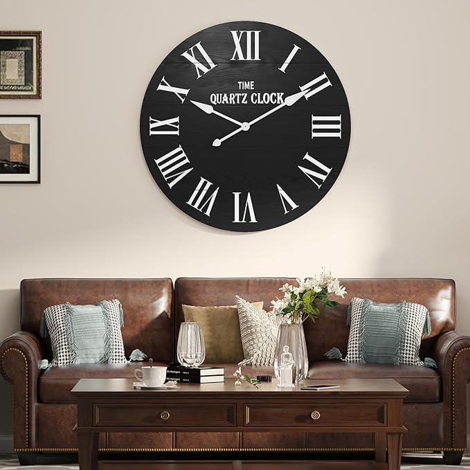 ARTPOWER Large Farmhouse Wall Clock, 35.5” Shiplap Wall Clock with Roman Numeral, Nearly Non-Ticking, Round Wall Clocks for Living Room Decor, Office, Bedroom, Entrance, Black