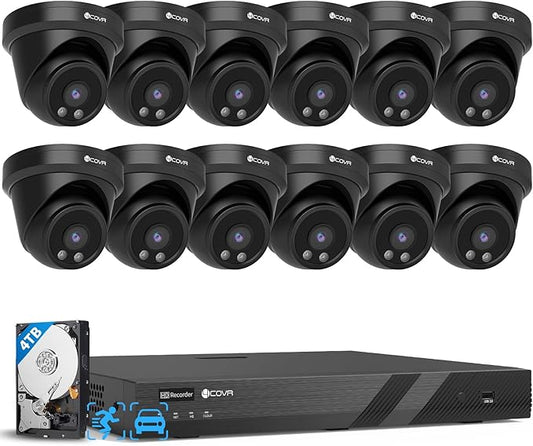 4COVR 16 Channel Security Camera System 4K, AI Human/Vehicle Detection, 8MP NVR 4TB HDD, 12Pcs 8MP Wired Commercial Dome IP PoE Camera IP67 Night Vision, Business Surveillance Outdoor, LY97AB8M1612
