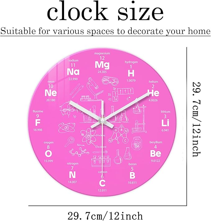 XNM Pink Chemical Clock for Girls Bedroom Wall Clocks Battery Operated Round Glass Analog Science 12 Inch Silent Wall Clock