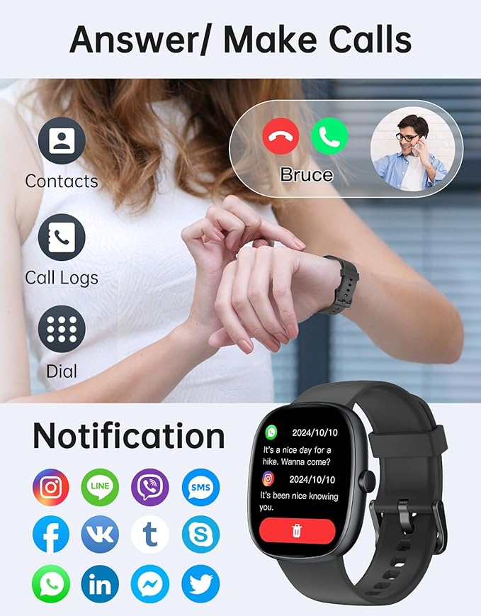 HUAKUA Smart Watches for Women Men (Answer/Make Calls), 1,85" HD Smart Watch for iPhone/Android Phones, Fitness Tracker with 100+ Sport Heart Rate/Sleep Monitor Pedometer Waterproof (Black)