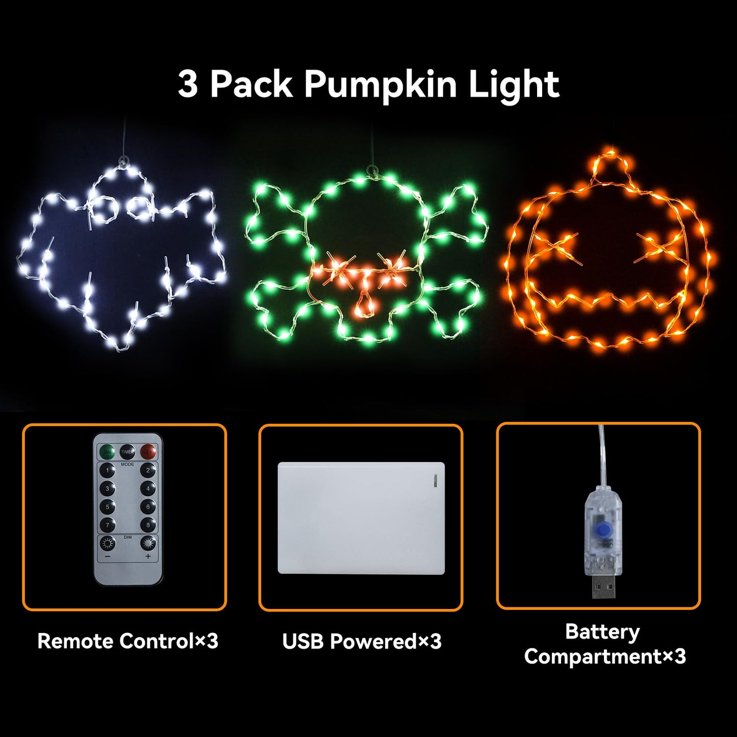 Veeydrut Halloween Decorations Lights, 3 Packs, USB/Battery Powered, Remote Control, Multicolor, Skull & Ghost Design