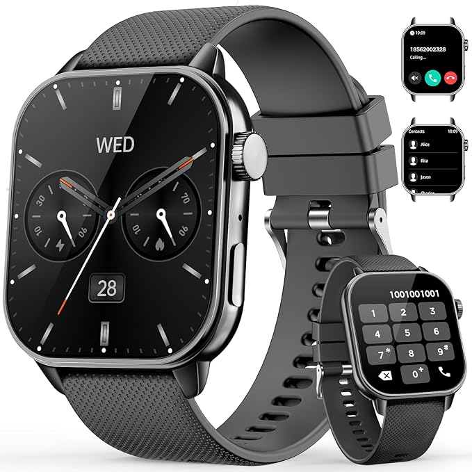 Smart Watch for Men Women, 1.85'' AMOLED HD Fitness Watch with 120+ Sports Modes, Bluetooth Call/Heart Rate/Sleep Monitor/Pedometer, Smartwatch for Android iOS, IP68 Waterproof, Black