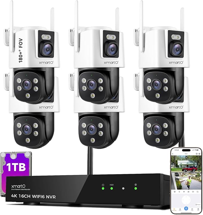 [2-in-1 CAM*6] XMARTO 12-View WiFi 6 Mesh Security Camera System Outdoor Wireless, 6X Dual-Lens CAM, 16CH 4K Long Range WiFi6 Surveillance NVR Kit, 4MP PTZ Home CCTV Set w. 1TB HDD, No Monthly Fee