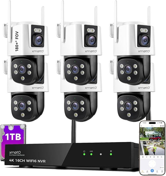 [2-in-1 CAM*6] XMARTO 12-View WiFi 6 Mesh Security Camera System Outdoor Wireless, 6X Dual-Lens CAM, 16CH 4K Long Range WiFi6 Surveillance NVR Kit, 4MP PTZ Home CCTV Set w. 1TB HDD, No Monthly Fee