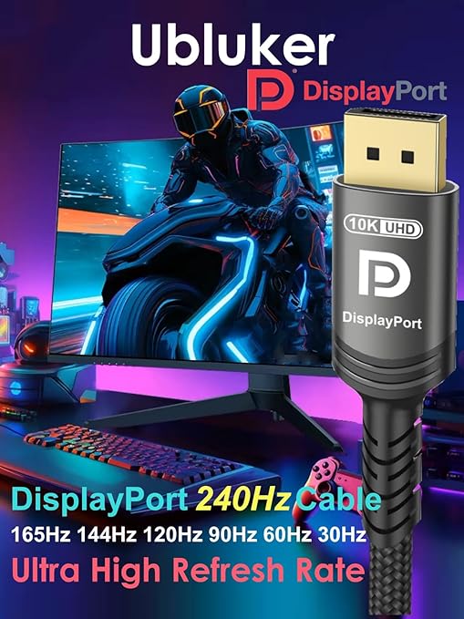 10K 8K DisplayPort 2.1 Cable 54Gbps 8 FT, Certified DP to DP Cord 4K 240Hz 165Hz 144Hz 120Hz 10K 8K 120Hz Nylon Braided UHBR HDCP2.3 FreeSync G-Sync RTX5090 Gaming Monitor PC Projector