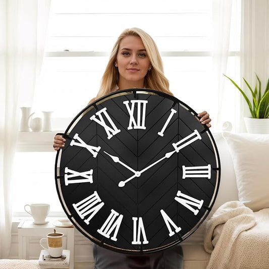 30 Inch Large Wooden Wall Clock – Extra Large FarmhouseWall Clock with 3D Roman Numerals & Herringbone Splicing, Black Modern Wood Wall Clock for Living Room