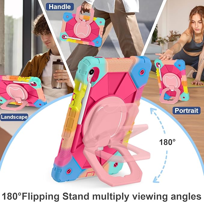 Case for Samsung Galaxy Tab S10 Lite/S10 FE/S9 FE 10.9 Inch, Samsung Tab S9 11 Inch, Rugged Galaxy S10 Tablet Cover with Pen Holder 360 Rotating Stand Shoulder Strap Screen Protector, Rainbow