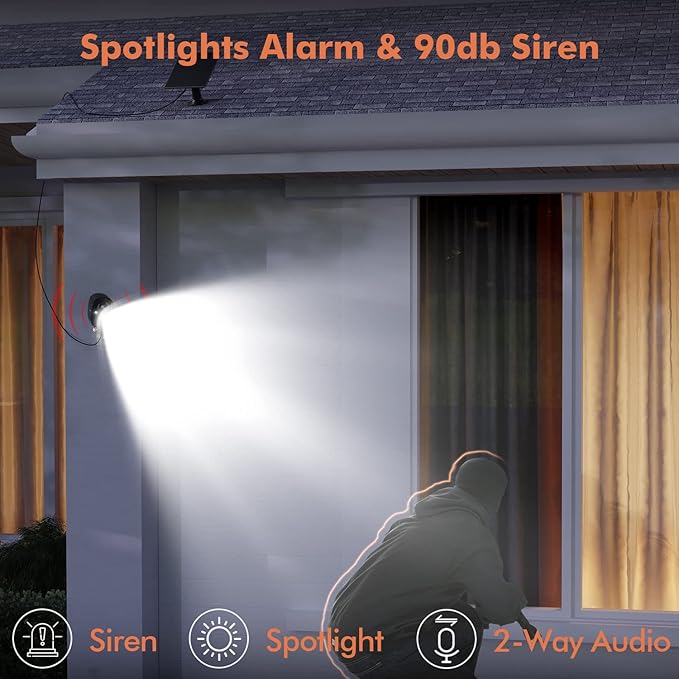 Dzees Solar Cameras for Home Security, 2K Home Security Camera System, Indoor/Outdoor Surveillance, Spotlight & Siren, PIR/AI Detection, Color Night Vision, Cloud/SD Storage,2.4GHz Wi-Fi,IP66, 2 Pack