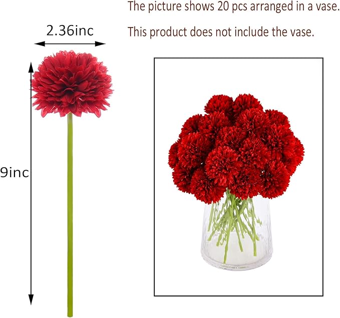 Kimura's Cabin 20pcs Fake Mums Flowers Artificial Silk Chrysanthemum Hydrangeas Ball for Wedding Arrangements Home Kitchen Party Table Centerpieces DIY Bouquets (Red)