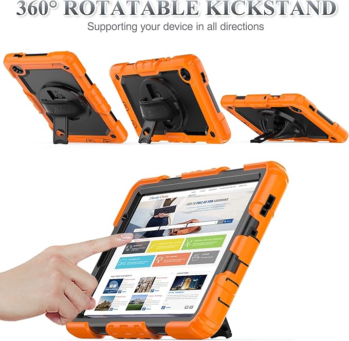 SEYMAC stock Case for Samsung Galaxy Tab A7 Lite 8.7'' with Screen Protector Pencil Holder [360 Rotating Hand Strap] &Stand, Drop-Proof Case for Samsung A7 Lite 2021 SM-T220/T225/T227, Orange/Black