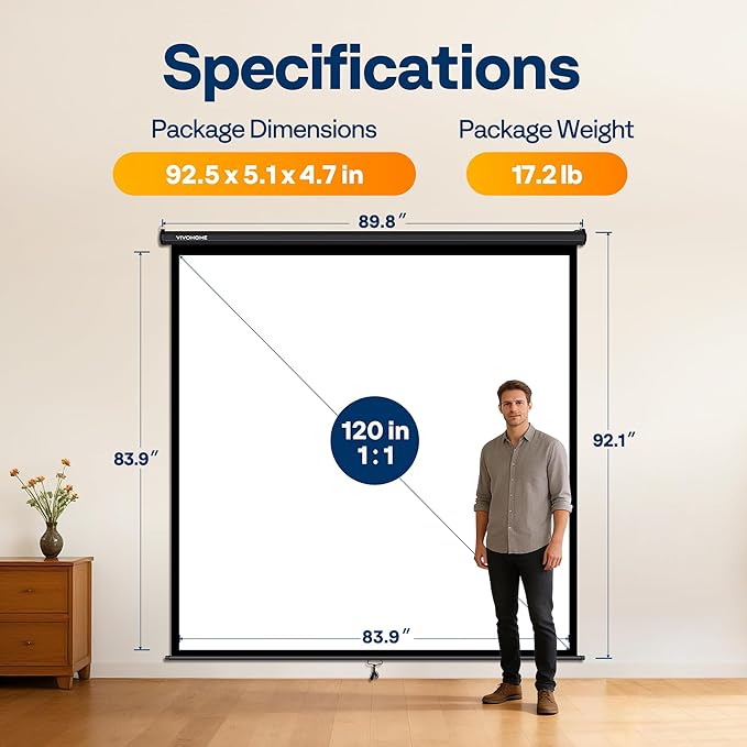 VIVOHOME 120 Inch 1:1 Pull Down Projector Screen, HD 4K Retractable Movie Screen for Indoor Home Theater and Office, Manual Projection Screen with Auto Locking (84Wx84H Inch Display Area)