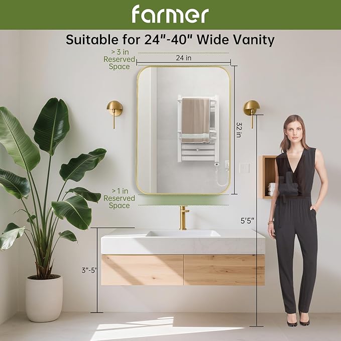 FARMER 24x32 Inch Gold Bathroom Mirror, Rectangle Vanity Mirror, Brushed Mirrors for Wall, Metal Frame Hanging Mirror with Round Corner for Bedrooms, Entryways, Living Rooms, Horizontal/Vertical