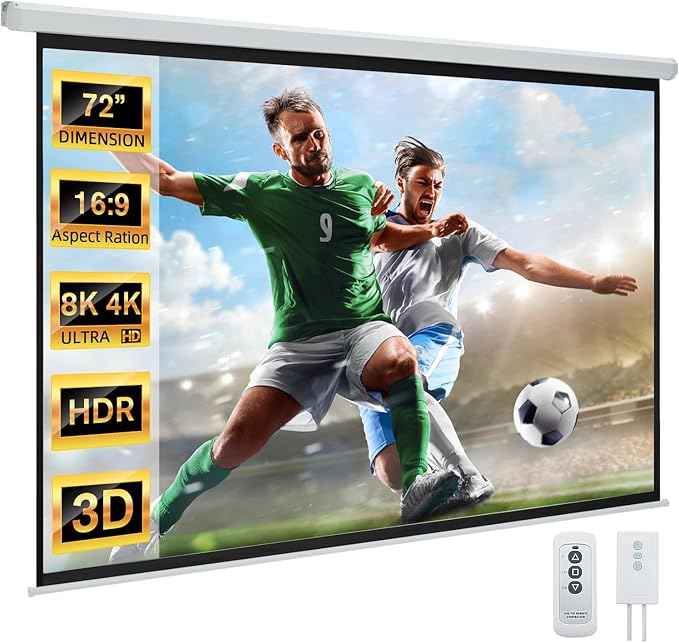 YODOLLA 72" Projector Screen Motorized 16:9, 4K HD Pull Down Retractable Projection Screens Electric Automatic Wall Ceiling Movie Screen for Office Classroom Indoor with Remotes