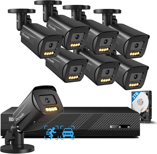 PoE Security Camera System 4K, 8PCS 8MP PoE IP Bullet Camera Outdoor with 2 Way Audio, Smart Color Night Vision, AI Human Vehicle Detection, Remote Access, 8CH NVR with 2TB HDD, PB65B0808-8MD