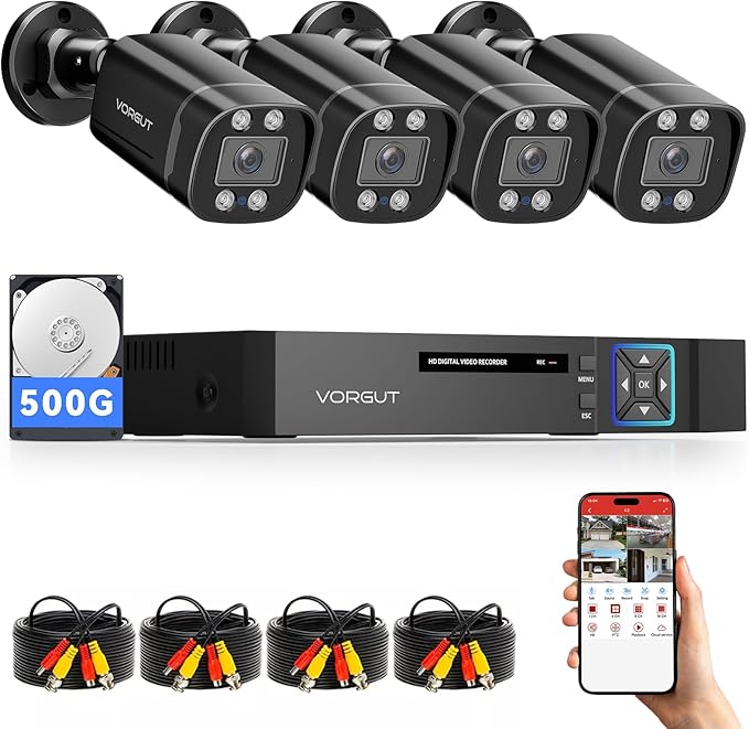 Wired Security Camera System Outdoor, 4pcs Surveillance CCTV Bullet Cameras for Home Security, 4CH AHD TVI 5MP Lite DVR Recorder with 500G HDD, Motion Detection, Night Vision, Waterproof