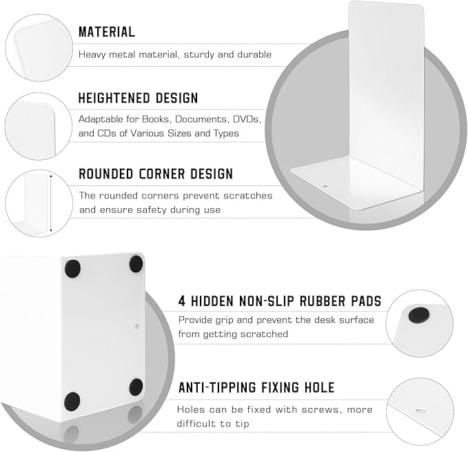 VONDERSO Metal Bookends White, 2 Pairs Metal Bookends Heavy Duty for Shelves Decor Home Office, Unique White Book Ends Supports Anti-Slip for Kids Girls