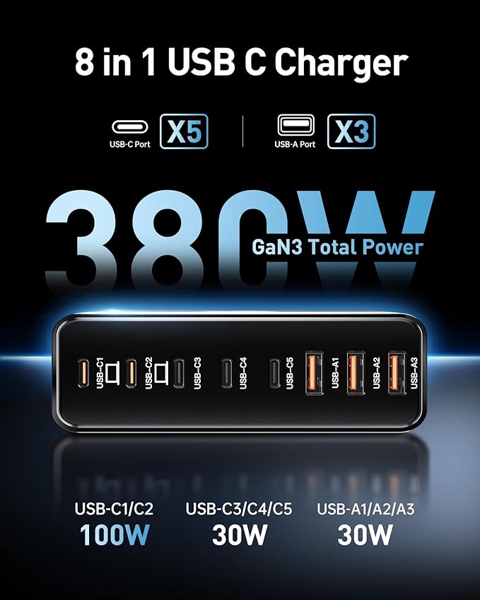 280W USB C Charger Block,with 4 USB Cables 8-Port USB C Charging Station Dual 100W Laptop Charger Fast Charger Type C Charging Block for MacBook Pro, Dell XPS, iPhone, iPad, Tablet (Bright Black)