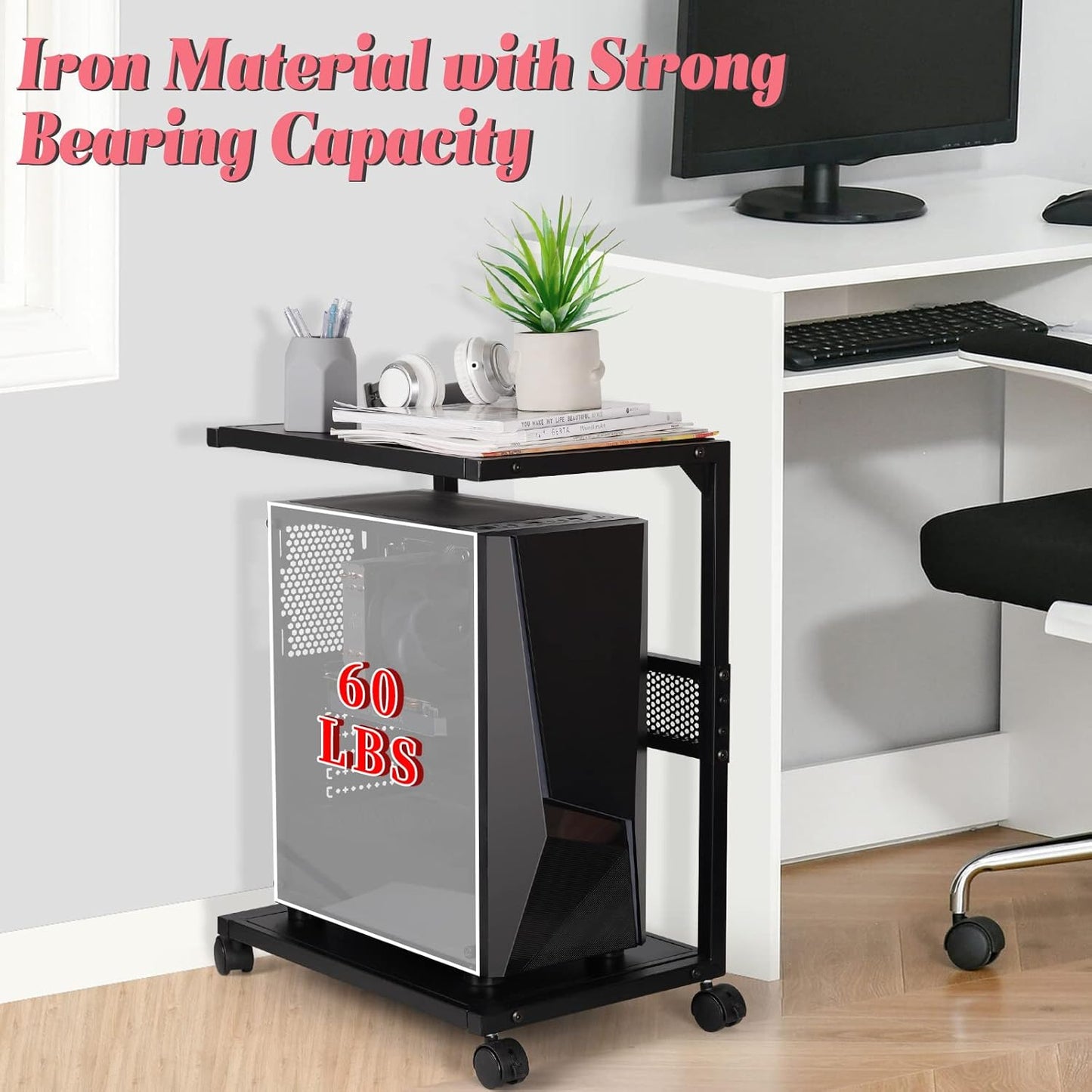 Liitrton PC Tower Stand 2-Tier CPU Stand with Locking Caster Wheels for Office & Home - Iron-Black
