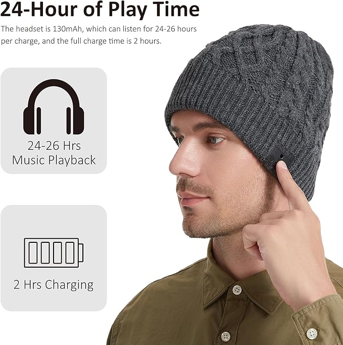 Bluetooth Beanie, Bluetooth 5.2 HD Stereo,30 Hours Play time,Built-in Microphone, Men's/Women's Christmas Electronic Gift (Charcoal)