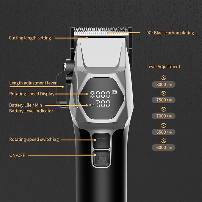 Professional Cordless Hair Clippers for Men - 8000RPM 5-Speed Motor with 440C Black Oxide Blades, Barber Clippers Kit with Charging Dock & 8 Guards,Salon Grade Hair Cutting Set for Barbers