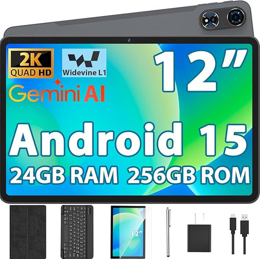 2026 12 Inch Tablet, Android 15 Tablet with Keyboard - 24GB RAM, 256GB ROM, 2TB Expand, 2000x1200 Screen, Octa-Core, 8+16MP Camera, 8000mAh, 5G Wifi, 2K Tablet with Case, Stylus, Mouse (Black Case)