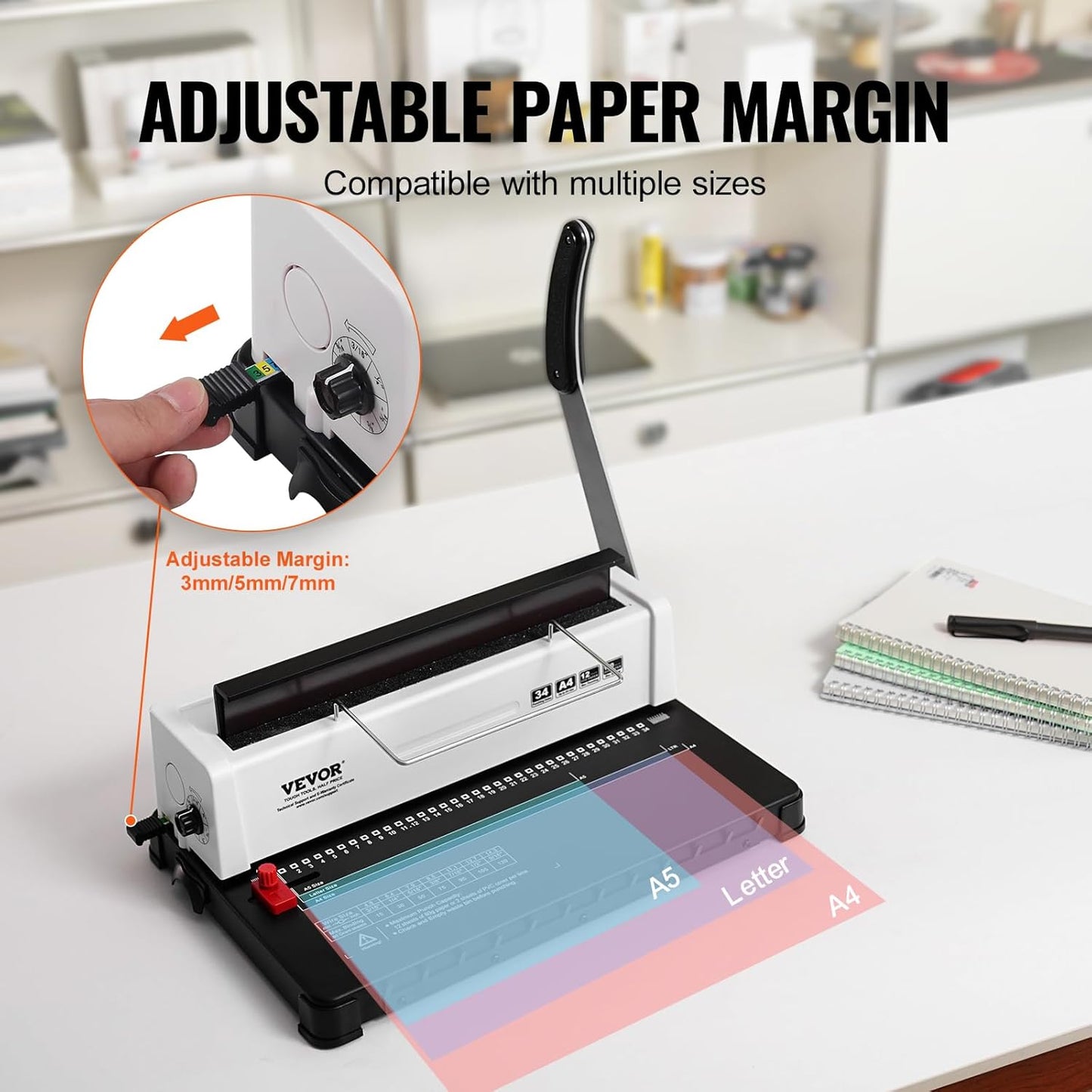 VEVOR Coil Spiral Binding Machine, Manual Book Maker 34-Holes Binding 120 Sheets, Punch Binder Adjustable 3/16" - 9/16" Coil Binding Spines, for Letter Size, A4, A5