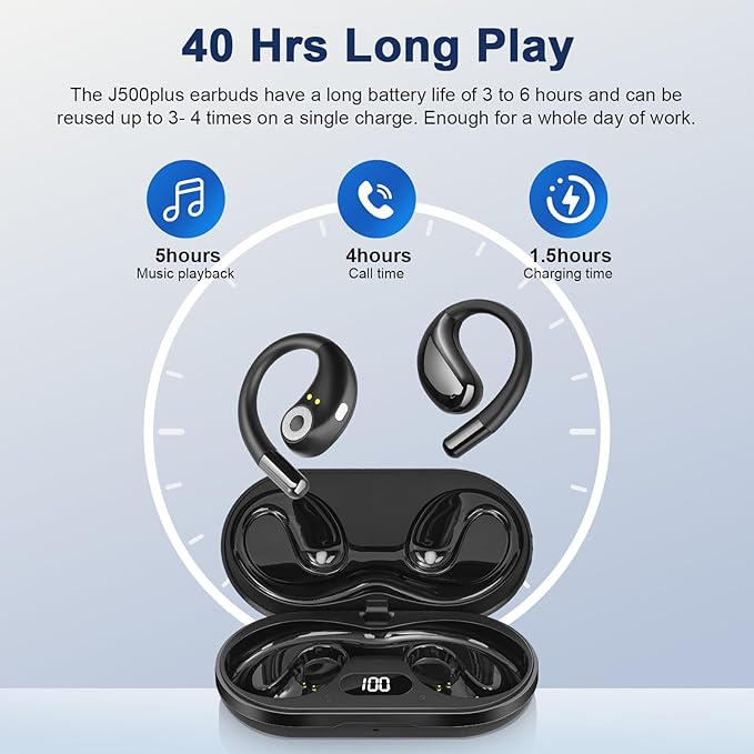Open Ear Clip Wireless Earbuds Bone Conduction Headphones, Bluetooth 5.4,Open Ear Design,Built-in Mic, IPX5 Waterproof,LED Display Charging Case,Ear Hooks Ear Buds Design for Running Fitness ,Black