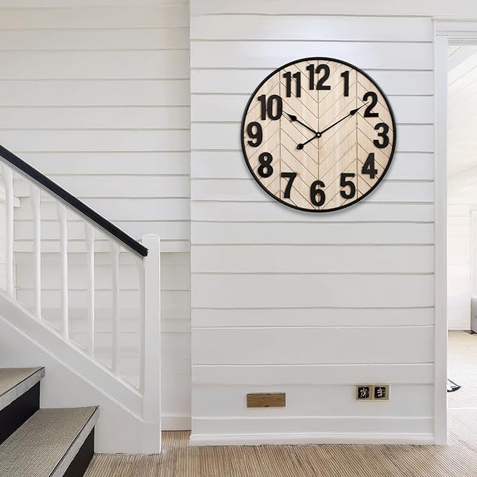 24 Inch Large Wall Clock for Living Room Decor, Rustic Wooden Farmhouse Wall Clock with Black Metal Frame, Battery Operated Non-Ticking Silent Wall Clocks for Home Decor (Brown)