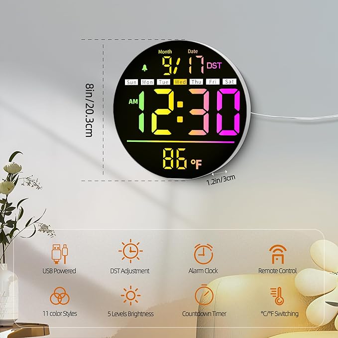 Digital Wall Clock, 8'' Round Digital Clock with Large Display, 11RGB Colors,Remote Control, Auto-Brightness,Temperature,DST,Night Light, Alarm, Count Down Timer for Classroom/Bedroom/Office