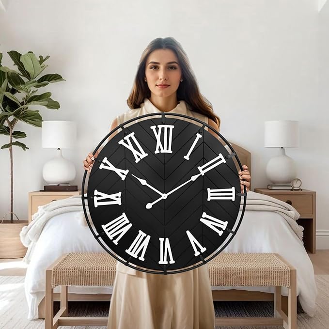 EMAX Large Wooden Wall Clock – Extra Large FarmhouseWall Clock with 3D Roman Numerals & Herringbone Splicing, Black Modern Wood Wall Clock for Living Room
