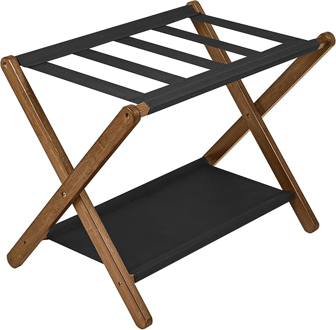 VASMIA Luggage Rack, Folding Suitcase Stand with Storage Shelf,Bamboo Luggage Stand for Guest Room,Bedroon and Hotel,Holds up to 131 lb,Fit Most Luggage Size,Walnut