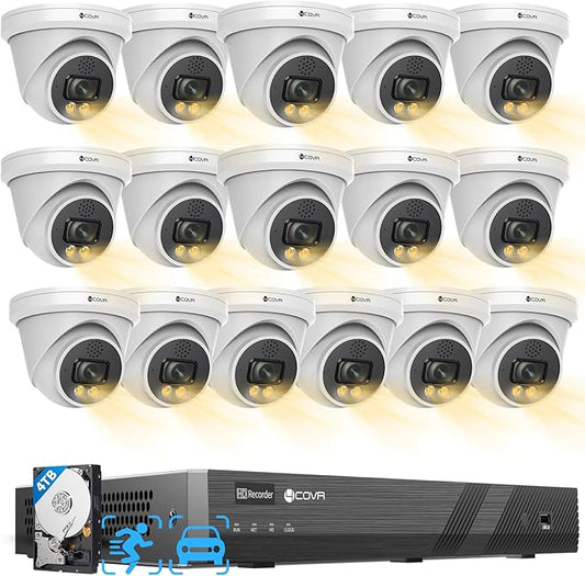 4COVR 16 Channel Security Camera System, 16CH NVR 4TB HDD,2-Way Talk & Dual Lights Smart Color Night Vision, AI Smart Detection, 16x 8MP Commercial IP67 IP Dome PoE Camera for Business, LY97KA8M1616
