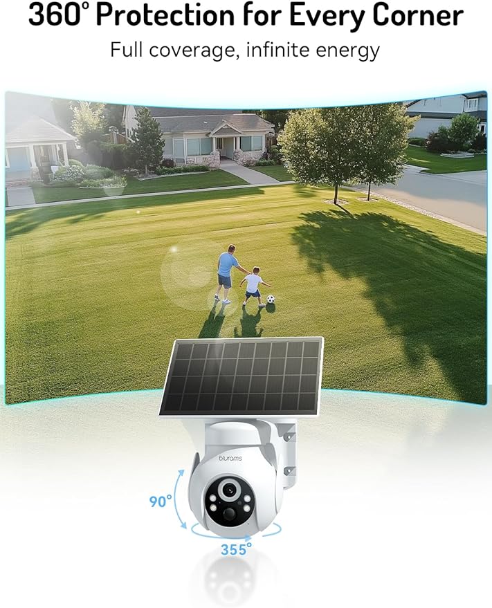 blurams 2K Solar Outdoor Camera Wireless, 360° PTZ Security Cameras Wireless Outdoor with Human Auto Tracking, R/Color Night Vision, Battery Powered, Compatible with Alexa, 2.4GHz Only, 2Pack