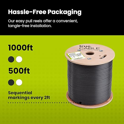 trueCABLE Cat5e Outdoor, Unshielded UTP, 500ft, UV Resistant, CMX Rated, Black, 24AWG Solid Bare Copper, 350MHz, PoE++ (4PPoE), ETL Listed, Bulk Ethernet Cable