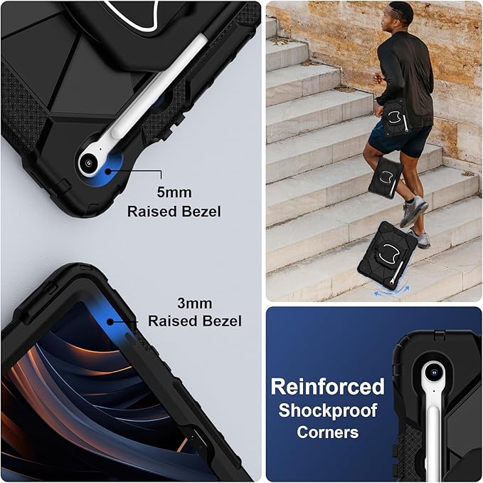 Case for Samsung Galaxy Tab S10 Lite / S10 FE / S9 FE 10.9 Inch & Galaxy Tab S9 11 Inch, Rugged Samsung S10 Tablet Case with Pen Holder 360 Rotating Stand Shoulder Strap Screen Protector, Black