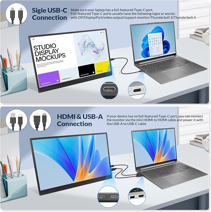 LR Portable Monitor, 16” 1920 * 1200P FHD IPS Screen 16:10, 1500:1 Contrast Ratio, USB-C HDMI Travel Monitor with Rotating Stand, External Second Display for Laptop/PC/Mac/Phone/Switch/Xbox/PS4/5