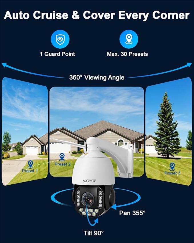 4K PTZ Security Camera Outdoor with 30X Optical Zoom, 1000FT Night Vision, 8MP 360° WiFi Wireless RTSP IP Camera, Auto Tracking, Person/Vehicle Detection, 2.4/5GHz Wi-Fi, 2-Way Audio