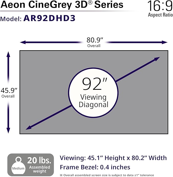 Elite Screens Aeon CineGrey 3D, 92" Fixed Frame CLR/ALR Projector Screen 16:9, Standard Throw Projection, Edge Free Ceiling & Ambient Light Rejecting, Wall-Mounted, for Movie Home Theater, AR92DHD3