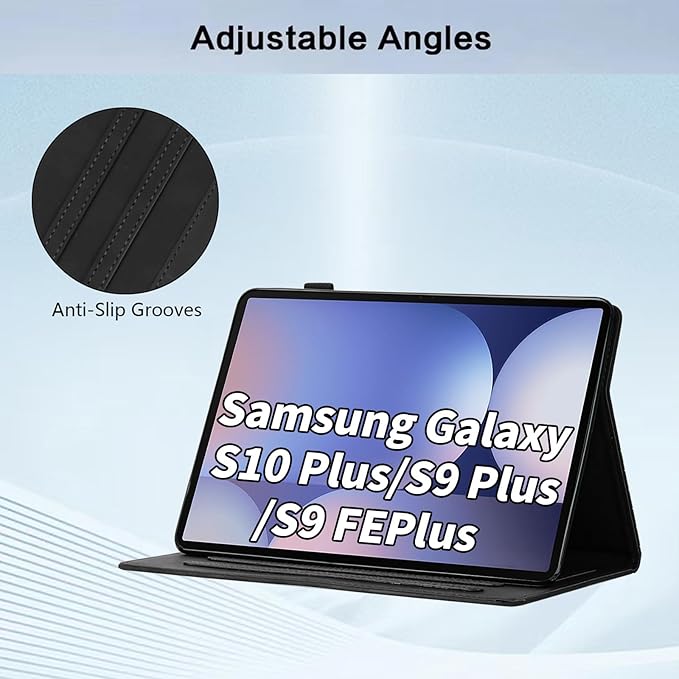 Case for Samsung Galaxy Tab S10 Plus 2024/ S9 FE Plus 5G 12.4 Inch 2023, Multi-Angle Viewing Smart Stand with Pocket Auto Wake/Sleep PU Leather Tablet Cases Flip Folio Cover Black