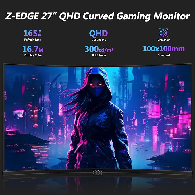 Z-Edge 27 inch Curved Gaming Monitor, QHD 1440P 165Hz 144Hz Curved 1500R Computer Monitor, MPRT 1ms Monitor Gaming, 16.7M Colors, UG27Q Frameless Bezel, 2X DP 1.4 Ports and 2X HDMI 2.0 Ports