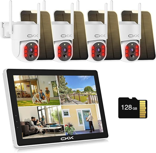 CKK Forever Power Security Cameras System C202, 4 Solar Security Cameras with Monitor for Home Security, 2.4G WiFi, 128G Local Storage, 360° View, 2.5K Color Night Vision,10CH NVR, 10'' IPS Monitor