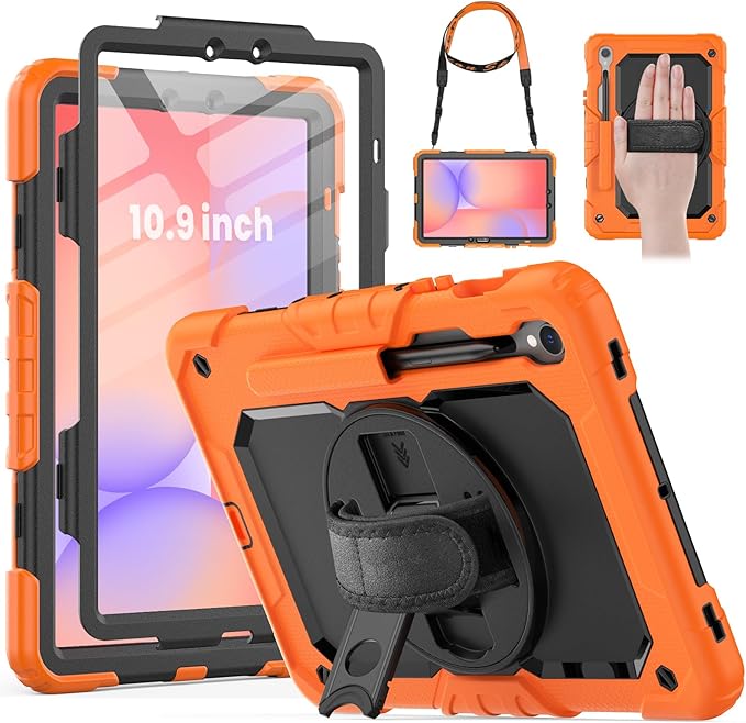 HXCASEAC Case for Samsung Galaxy Tab S10 Lite / S10 FE / S9 FE 5G 10.9 inch, Shockproof Design with Screen Protector/Hand Strap/S Pen Holder, Protective Samsung Galaxy S10 Lite Tablet Case, Orange