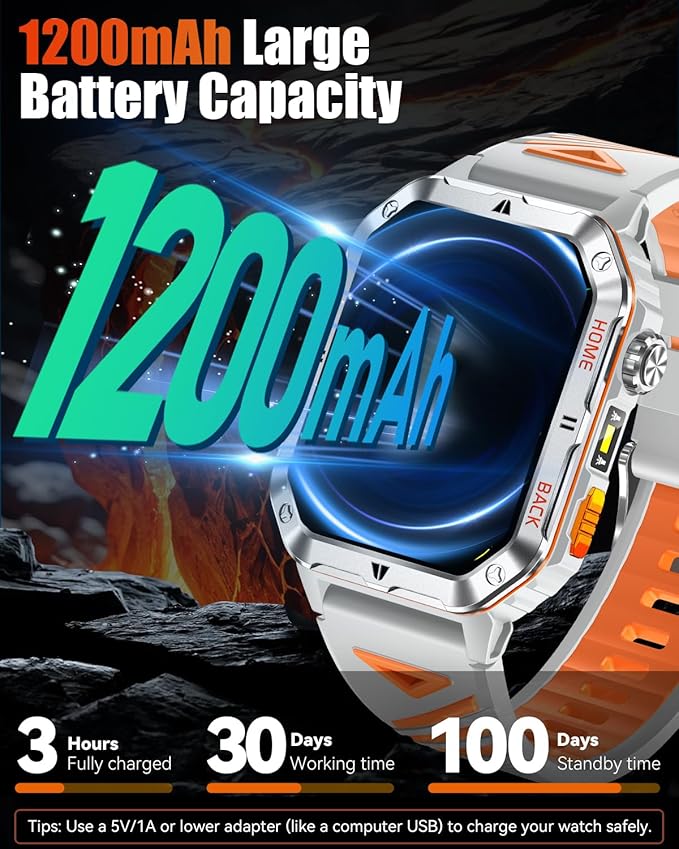 Military Smart Watch for Men, 2.01'' Fitness Tracker with 1200mAh Long Battery Life, Bluetooth Calls, Flashlight, IP68 Waterproof, Heart Rate/Sleep Tracking, 100+ Sports Modes for Android iPhone