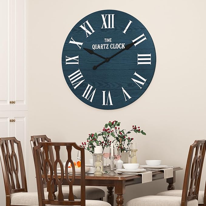 ARTPOWER Large Farmhouse Wall Clock, 35.5” Shiplap Wall Clock with Roman Numeral, Nearly Non-Ticking, Round Wall Clocks for Living Room Decor, Office, Bedroom, Entrance, Navy Blue