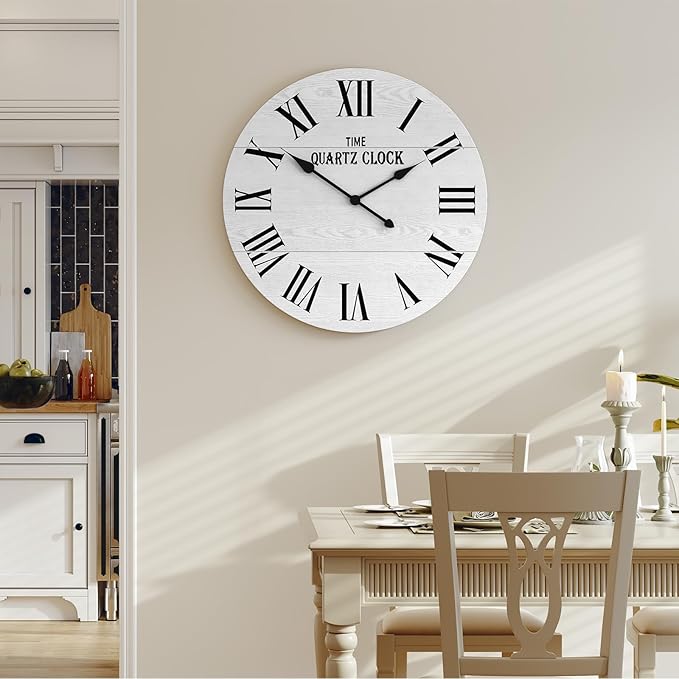 ARTPOWER Large Farmhouse Wall Clock, 24” Shiplap Wall Clock with Roman Numeral, Nearly Non-Ticking, Round Wall Clocks for Living Room Decor, Office, Bedroom, Entrance, White