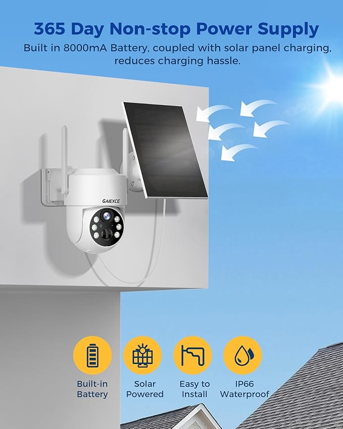 Wireless Solar Camera System Outdoor, 2PCS 4MP Home Battery Camera with 500GB HDD, 【No Monthly Fee】, Pan Tilt 360° View, PIR Motion Detection, Color Night Vision, IP66, 2-Way Audio