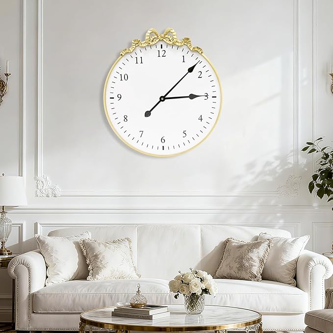 Large Vintage Gold Wall Clock, 27.5inch Decorative Round Wall Clocks with Bow Decor for Living Room, Retro Metal Battery Operated Clocks for Bedroom, Dining Room,Office